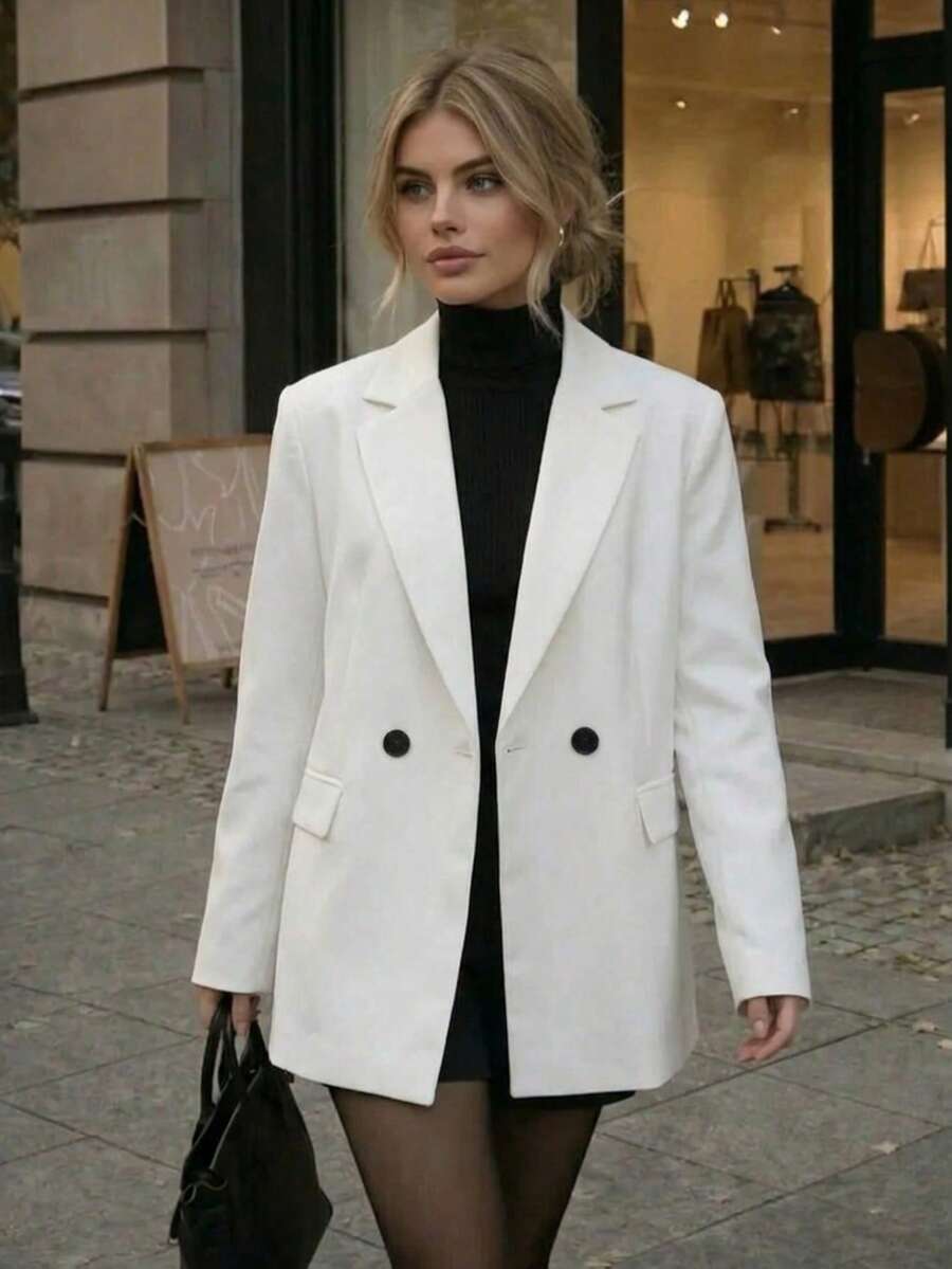 Women's Fashion White Double-Breasted Long Sleeve Regular Fit Polyester Blazer Jacket With Pockets, Autumn Style - White - View 1