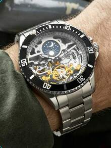1pc Fashion Tourbillon Skeleton Automatic Mechanical Watch For Men Moon Phase Design Stainless Steel Strap Luxury Brand Men Watches Rotating Bezel - one-size - View 6