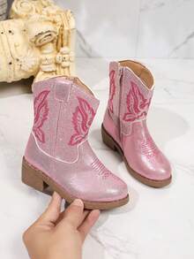 1 Pair Girls' Stage & Party Boots, Shiny Embroidered Printed Design, Soft Fabric, Rubber Non-Slip Sole, Suitable For Daily Wear - Pink - View 17