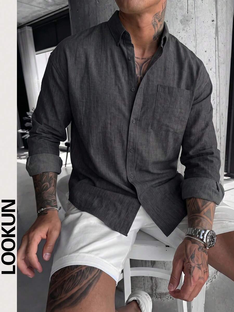 Lookun Men's Long-Sleeved Shirt With Collar, Drop Shoulders, Loose Fit, Casual And Suitable For Commuting, Suitable For Spring And Autumn. - Dark Grey - View 1