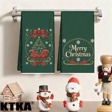 2件組聖誕廚房抹布，深綠色背景聖誕雪橇與聖誕樹、Merry Christmas字母印花，聖誕廚房裝飾，冬季假期餐桌擺飾，農舍風聖誕家居裝飾禮物 - 綠色 - 查看 2
