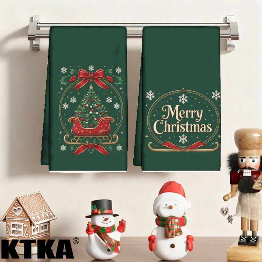 2件組聖誕廚房抹布，深綠色背景聖誕雪橇與聖誕樹、Merry Christmas字母印花，聖誕廚房裝飾，冬季假期餐桌擺飾，農舍風聖誕家居裝飾禮物