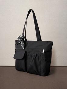 Hatastic Large Capacity Solid Color Tote Bag With Multiple Pockets, Simple And Lightweight Suitable For Carrying Laptops, Tote Bags - Black - View 2