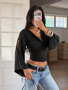 Women's Black Knit Wrap Front Cropped Top, Mid-Stretch Slim Fit, With Wrist-Length Bell Sleeves - Black - View 1