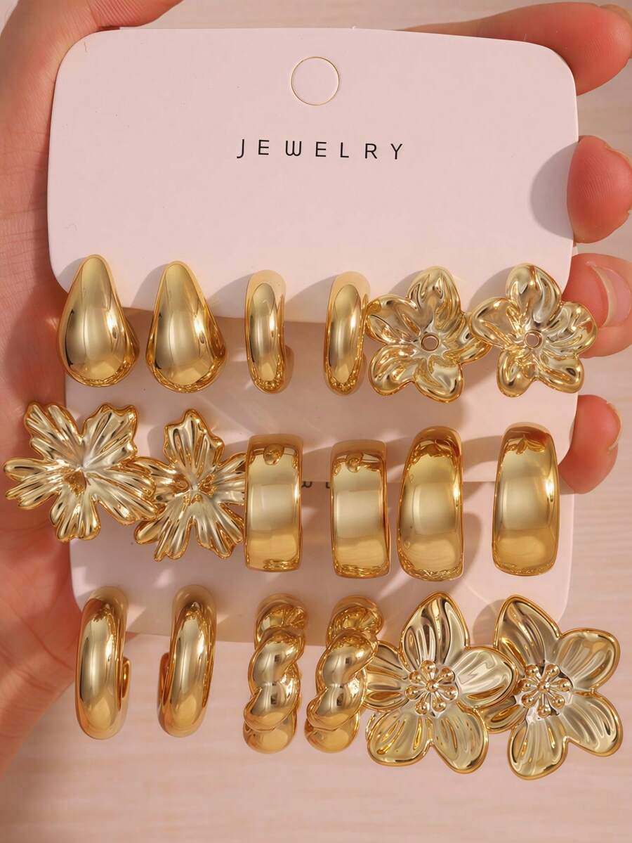 3-9 Pairs Gold-Tone Earrings Set, Vintage Metal Floral Water Drop C-Hoop Thick Hoop Earrings, Versatile Ear Jewelry - Gold - View 1