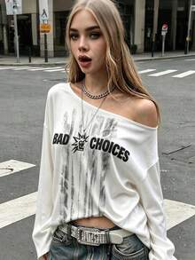 Y2K Halloween Horror Hot Girl Fashion Asymmetrical Shoulder Women's Top, Winter Clothes Women, Christmas Outfit Women, Autumn Outfits Women, Long Sleeve Top, Tops For Women, Women's Top - White - View 1