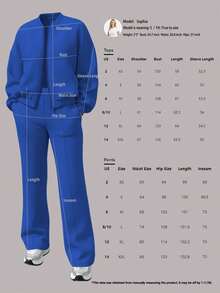 Spring Autumn Winter Fashion New Solid Color Minimalist Sweatshirt Jacket Top With Pockets Straight Leg Pants 2 Pieces Set, Soft Fleece Micro Polyester Spandex Fabric - Blue 1 - View 4