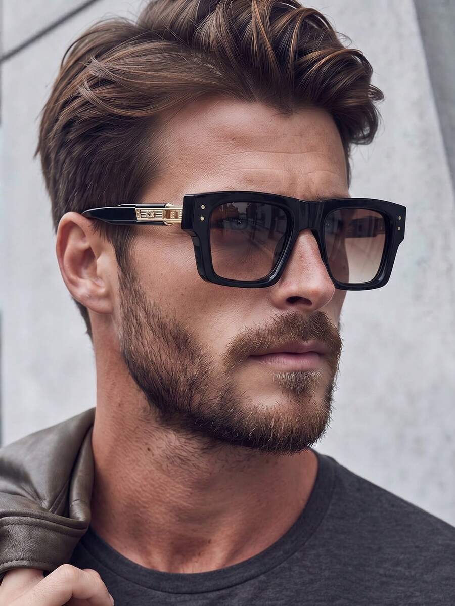 1 Pair Men's Solid Color Square Retro Rivet Decor Street Style Casual Fashion Glasses - Brown Frame - View 1
