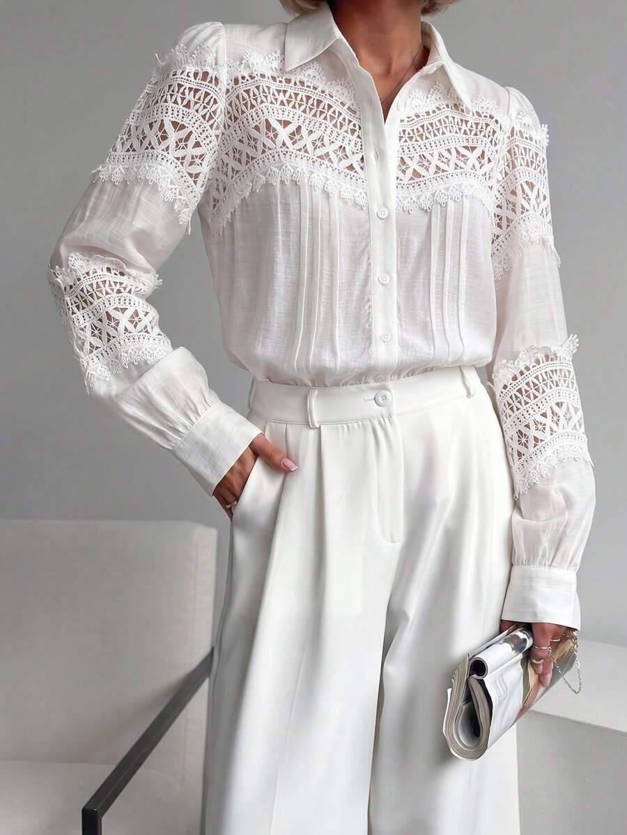 Vuslat Women's Winter Turn Collar Bohemian Style Hollow Lace Patchwork Blouse, Suitable For Commuting, Office, Party, Halloween, Date - White - View 1