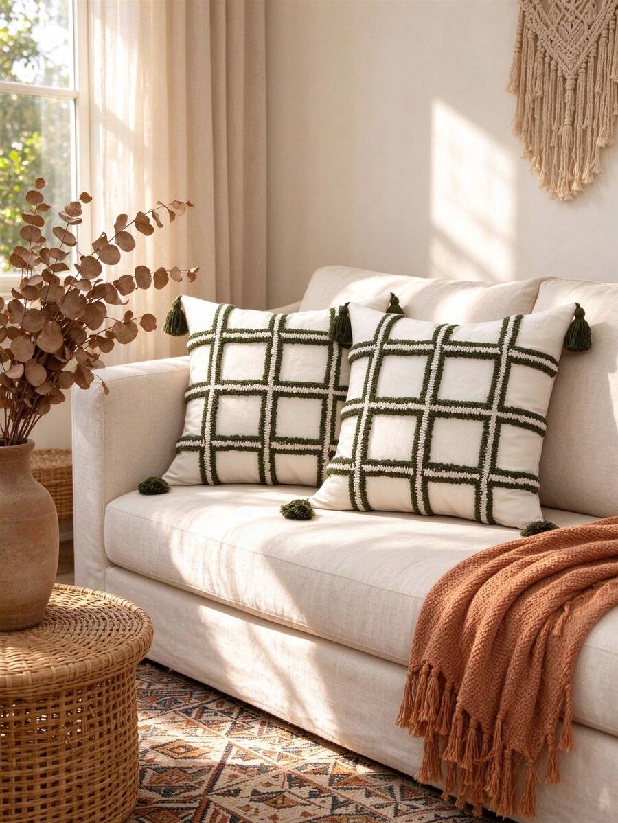 1pc Tufted Plaid Pillow Case, Green And White Checkered Pattern With Tassel Corners, Bohemian Country Style Decorative Cushion Cover, Suitable For Sofa Bedroom Living Room, Pillow Insert Not Included