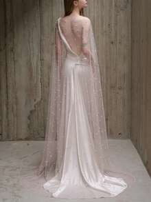 1 Pc Soft Pink Beaded Tulle Cape With Pearl Neck Clasp, Shoulder Cover Overlay For Light Wedding & Evening Gown - Multicolor - View 8