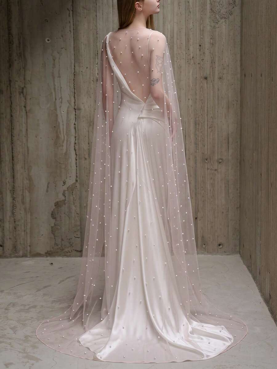 1 Pc Soft Pink Beaded Tulle Cape With Pearl Neck Clasp, Shoulder Cover Overlay For Light Wedding & Evening Gown