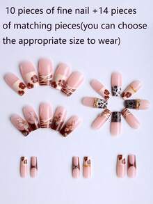 24Pcs Square Press On Nails, Nude Pink French Tip Fake Nails, Mixed Leopard Zebra Cow Print Fall False Nails, 3D Flower Nail Tips, Luxury Gold Rhinestone Gem Decor Handmade Press On Nail For Daily Wear, Party, Thanksgiving - Multicolor - View 3