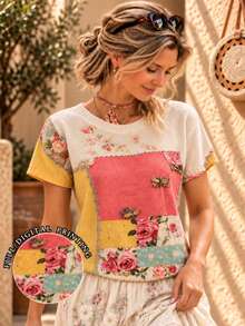 Plus Size Women Casual Retro Floral Print Sweater - Multicolor - View 1
