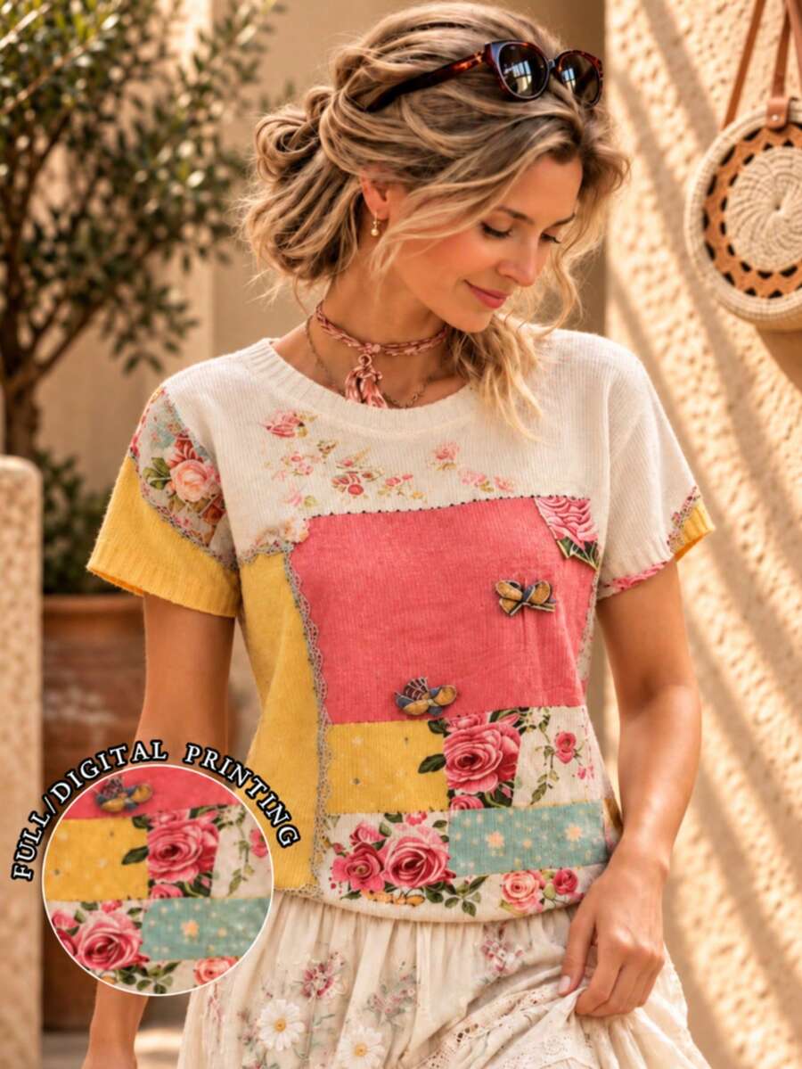Plus Size Women Casual Retro Floral Print Sweater - Multicolor - View 1