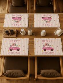 2 miếng lót bàn ăn Giáng Sinh sọc hồng, in hình xe cổ màu hồng cùng hộp quà, Merry Christmas, trang trí bàn ăn ngày lễ Giáng Sinh - Hồng - Xem 3