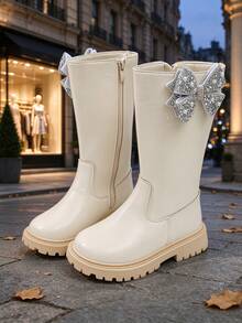 New Beige Kids' Knight High-Top Boots, Soft PU With Side Four-Leaf Clover Rhinestone Decor, Princess Girls' Long Boots, Side Zipper Design, Durable Anti-Slip Soft Sole, Versatile For Autumn/Winter Daily School And Outdoor Wear - Beige - View 7