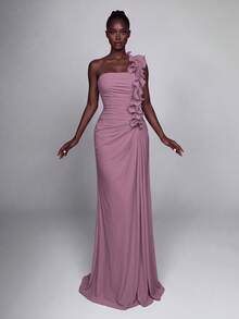 Women's Elegant High Elasticity Chiffon One-Shoulder Ruffle Long Dress, Suitable For Formal Occasions And Romantic Dinner - Purple - View 4