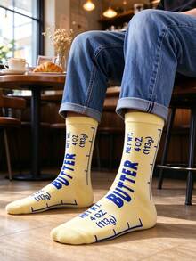 1 Pair New Cute Butter Packaging Creative Print Mid-Calf Socks, American Retro Food Fun Pattern Socks, Breathable Sweat-Absorbing Ribbed Cuff, Niche Design, Style, Student Casual Jeans Matching Socks - Yellow - View 6