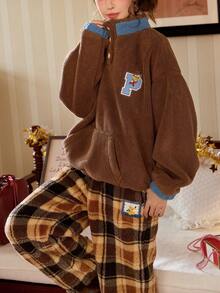 Gongdie Disney 2 Pieces Matching Couple Fleece Pajama Set For Women ,Winter Brown Thick Plush Loungewear Half-Placket Stand Collar Pocket - Coffee Brown - View 2