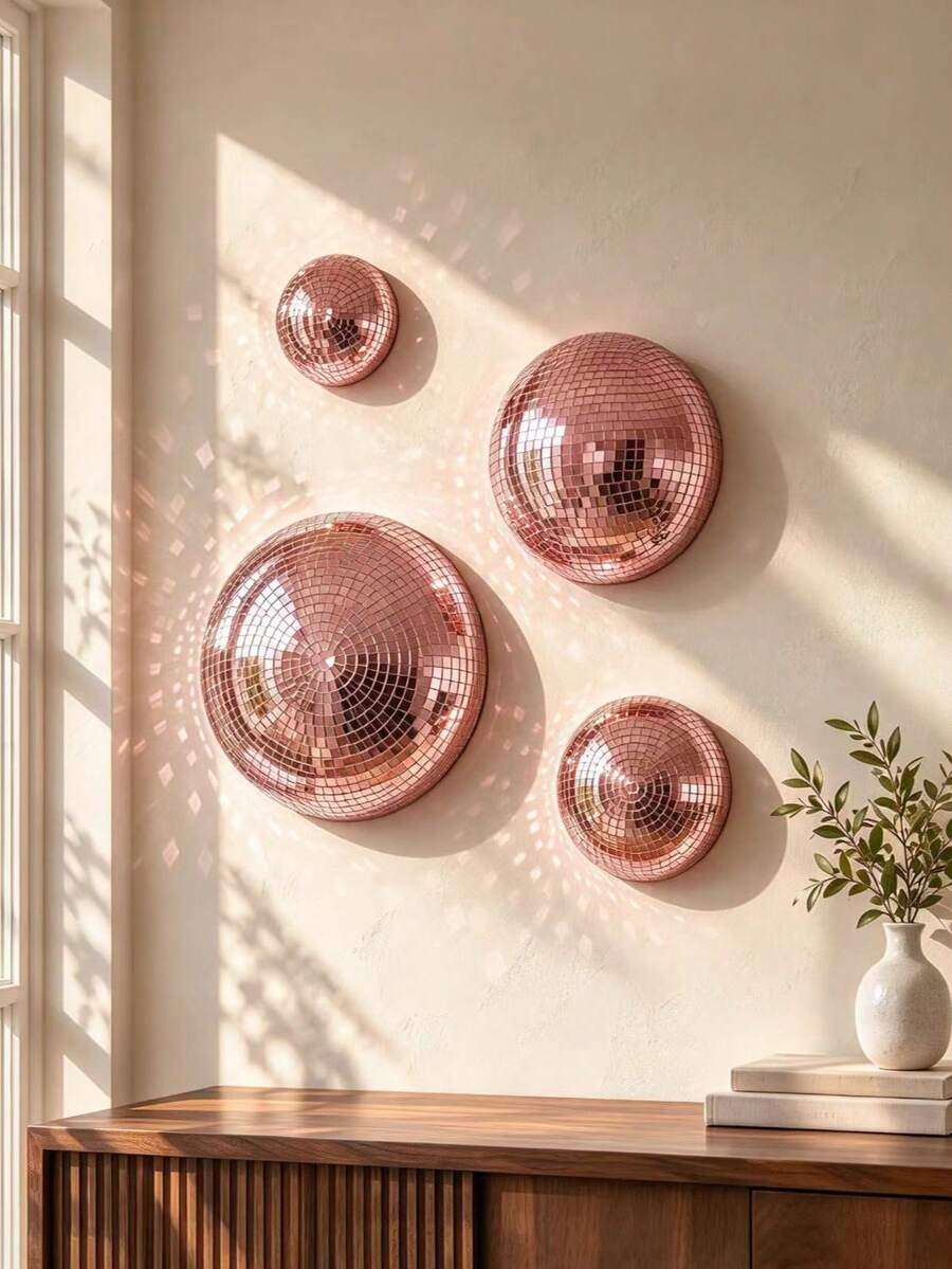 Mirror Disco Ball Wall Decor, Pink/Silver Sun Catcher 70s Retro Party Style, Home Decor, Creative Gift, Housewarming Gift, Minimalist, Bohemian, Wabi-Sabi, Elegant Luxury, Suitable For Living Room Soft Furnishing - Multicolor - View 1