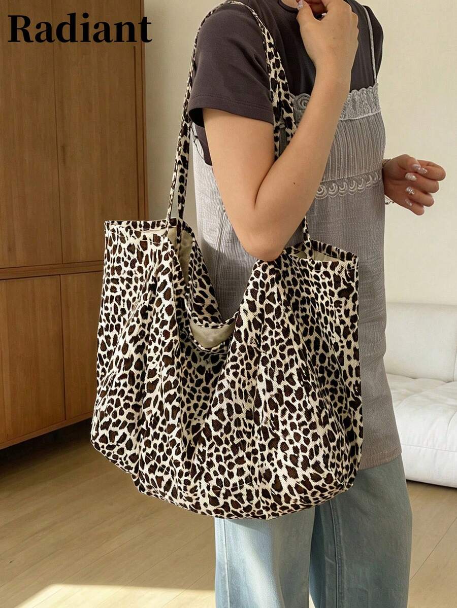 Women's Leopard Print Fabric Large Tote Shoulder Bag, Soft Structure, Large Capacity, Casual Style, Suitable For Spring/Summer Daily Wear - White - View 1