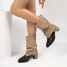 Women's New Chunky Heel Ruched Mid-Calf Boots, Plus Size Fashion Colorblock High Heel Boots - Khaki - View 3