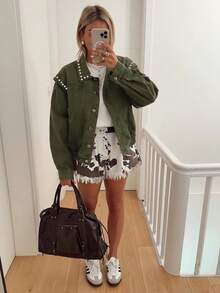 Women's New Pilot Style Loose Retro Jacket With Pockets, Long Sleeve Outerwear For Spring & Autumn - Army Green - View 2