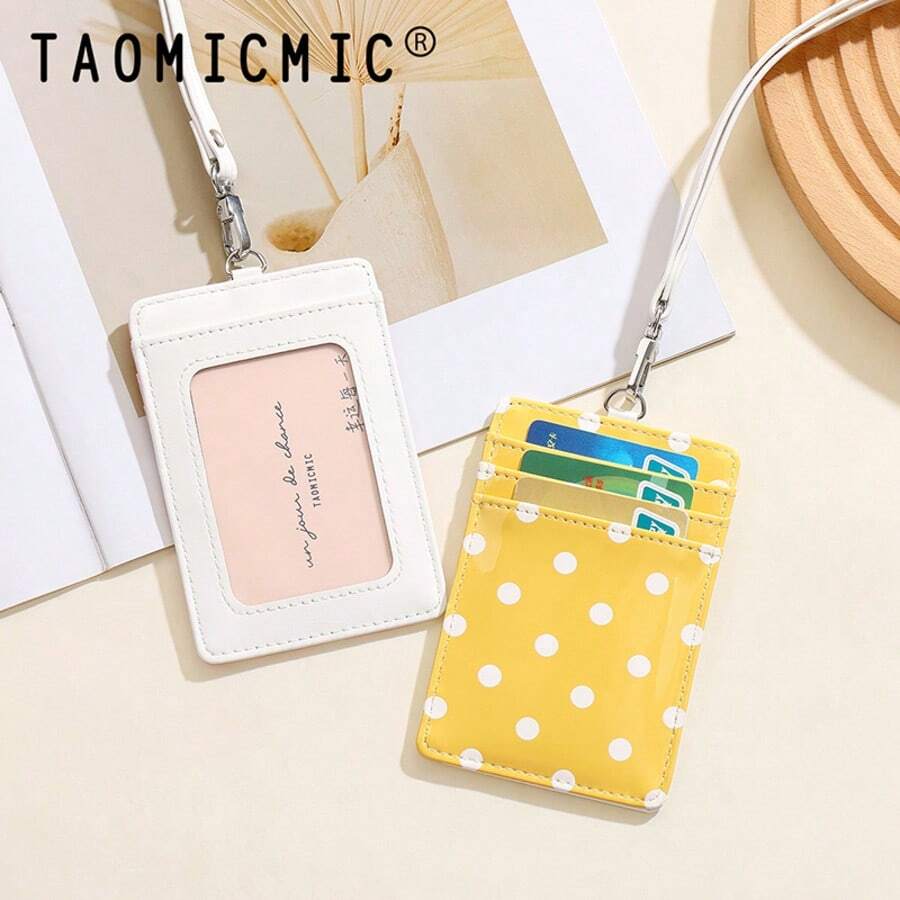 Sweet Polka Dot Print PU Badge Holder With Lanyard, Vertical Card Sleeve, Suitable For Students And Office Daily Use