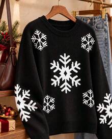 Women's Christmas Black Knit Sweater, White Snowflake Pattern, Long Sleeve Crew Neck Pullover, Suitable For Winter Wear - Black - View 2