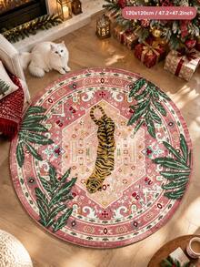 1pc Washable Vintage Tiger Persian Pattern Round Velvet Rug, Pink Tone Pattern, Tiger And Tropical Leaf Design, Vintage And Artistic. Round Shape Suitable For Living Room, Bedroom, Children's Room, Adding Personalized Atmosphere To The Space. - Multicolor - View 4