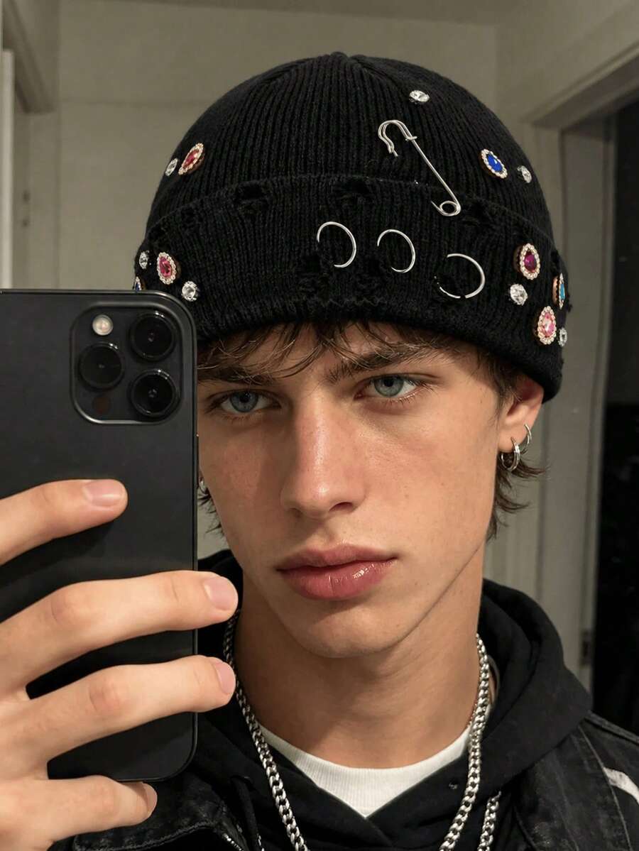 1pc Unisex Fashion Handmade Colorful Rhinestone Water Drop Heavy Decoration Distressed Metal Pin Round Ring Knit Knitted Hat, Suitable For Autumn/Winter Daily Warmth And Travel Outfit - Multicolor - View 1