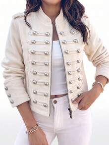 GILIPUR Women's Vintage Military Style Short Jacket, Stand Collar Long Sleeve Outerwear, Decorated With Silver Buttons And Front Zipper, Napoleon Style Jacket - Apricot - View 7