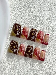 10片裝秋冬低調奢華復古風手工穿戴甲，Polygel美甲套組，鋼珠裝飾，紅色指甲，暗星光風格，3種尺寸可選，杏仁形、鴨嘴形、棺材形，適合派對、跳舞、日常配戴（手工細節可能有所不同） - 彩色 - 查看 12