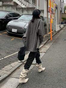 法式部落客風尖頭寬筒及膝靴，北歐風小貓跟女款騎馬靴 - 米色 - 查看 12