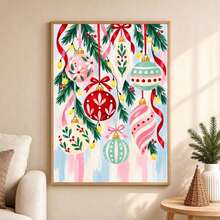 1pc Decorative Canvas Print Featuring Christmas Baubles, Accented With Pine Branches, Red Ribbons, And String Lights. Set Against A Fresh, The Design Embraces A Lively, Festive, Vintage-Illustration Style. Unframed Canvas Wall Art. - 1 - View 3