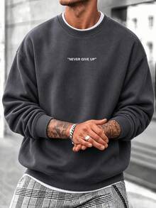 Men's Spring/Autumn Casual Daily Commute Minimalist Versatile English Print Crew Neck Sweatshirt - Dark Grey - View 4
