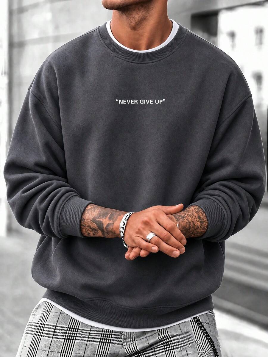 Men's Spring/Autumn Casual Daily Commute Minimalist Versatile English Print Crew Neck Sweatshirt - Dark Grey - View 1