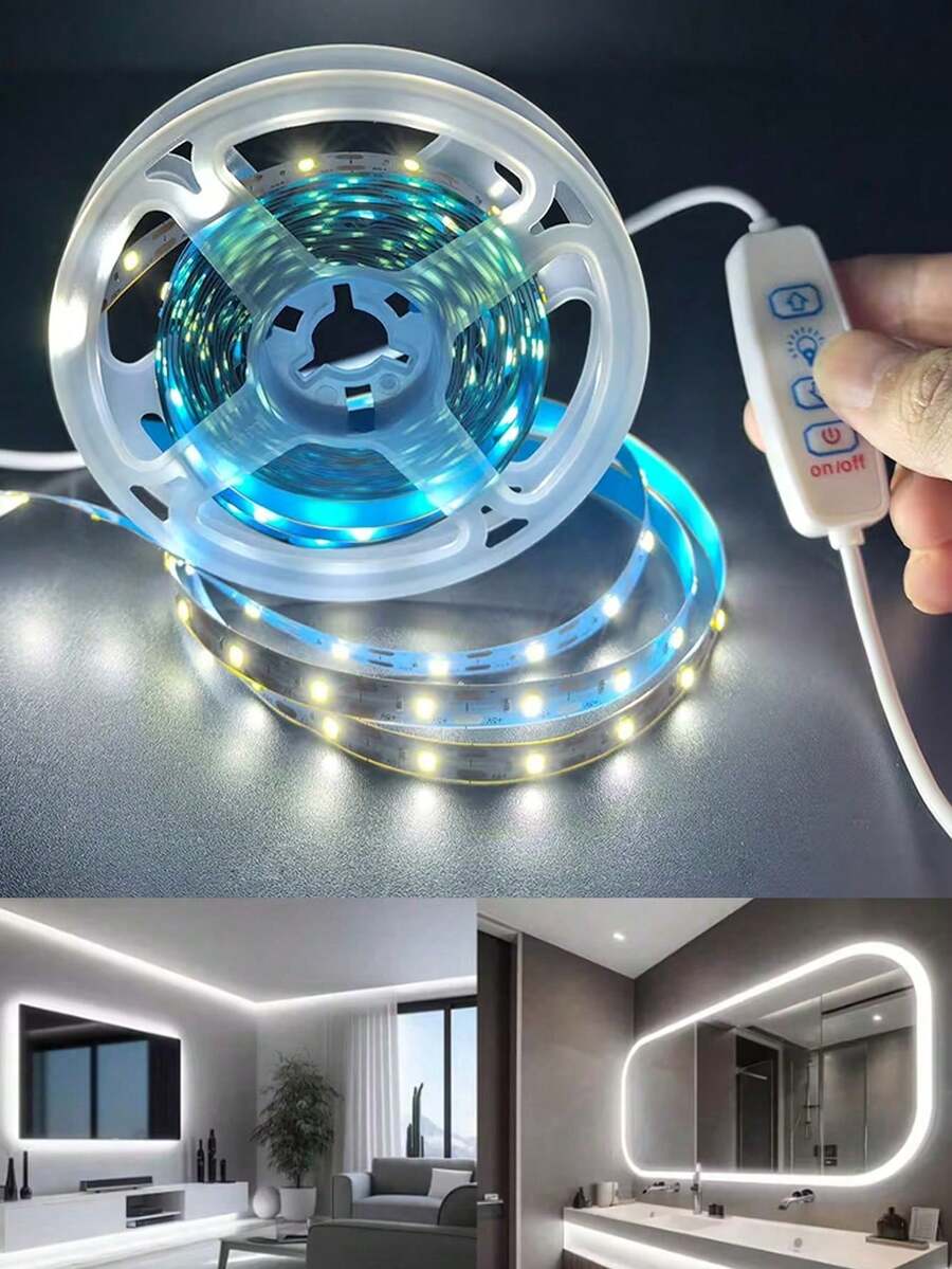 1m/3 Meters/5m USB Powered 6000K White LED Light Strip, 3-Button Dimmable, Cuttable, Bendable, Self-Adhesive, Suitable For Bedroom, Ceiling, Christmas Home Decor - White - View 1