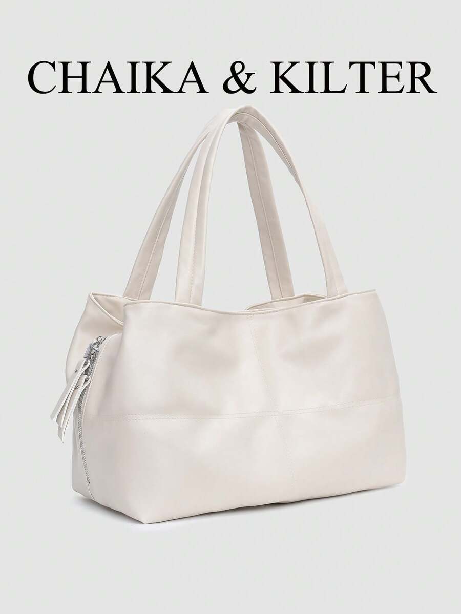 Solid Color PU Fabric Women's Casual Large Capacity Shoulder Tote Bag With Multiple Compartments Design, Dual Handles And Zipper Closure, Suitable For Daily Shopping And Commuting - White - View 1