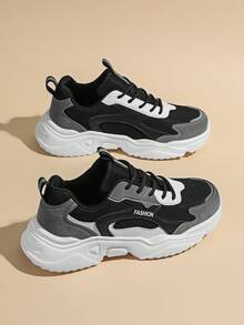 Women's Layered Patchwork Thick Sole Sneakers, Versatile Casual Commuter Streetwear Shoes - Black and Gray - View 4