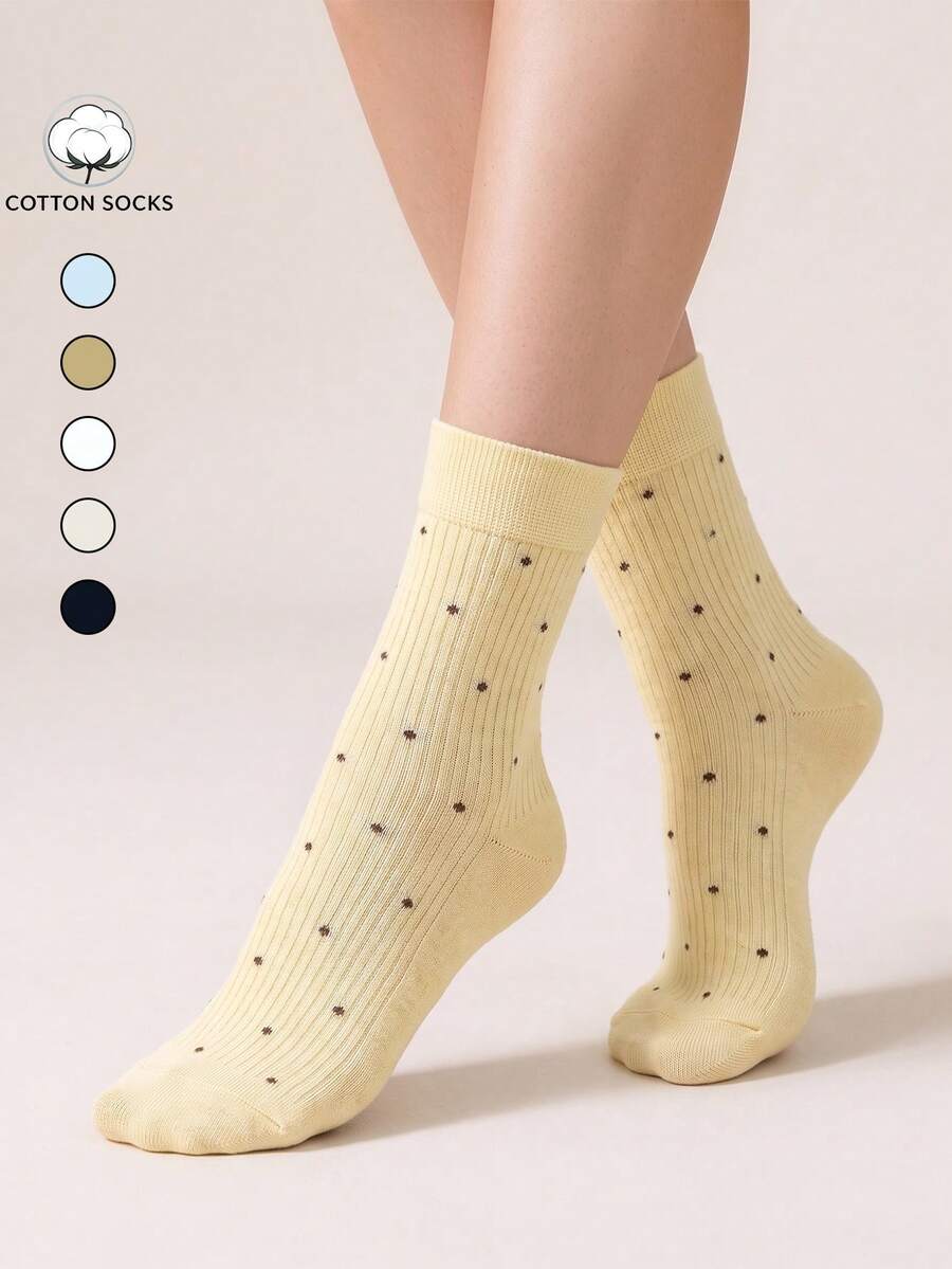 5 Pairs Women's Small Polka Dot Mid-Calf Socks, Autumn/Winter Cotton ...