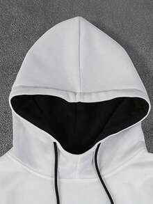2pcs/Set Men's College Style Letter Casual Streetwear Hoodie & Pants Set, Drawstring Pockets, Slogan Print, Spring/Autumn - Black and White - View 3