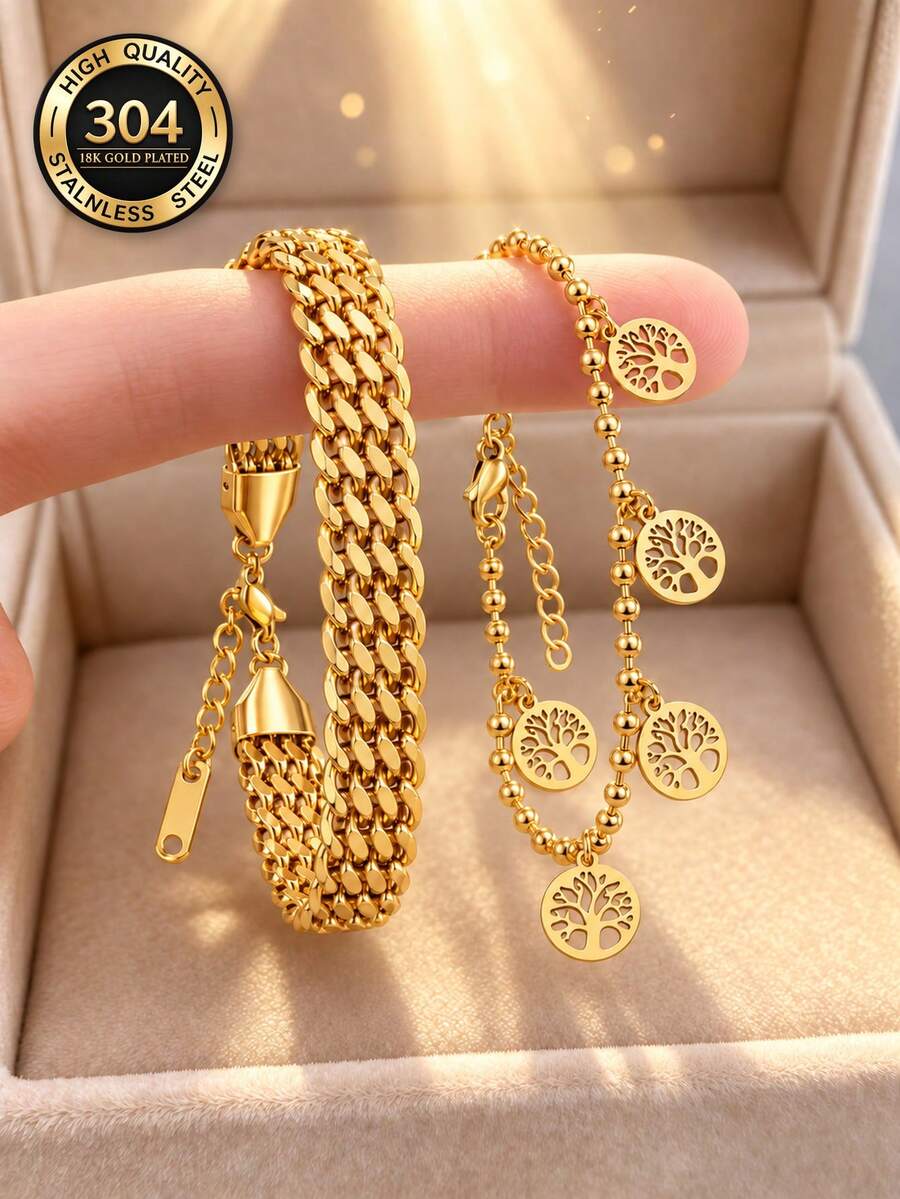 2pcs Gold Bracelet Set With Tree Charms, Multi Row Curb Chain & Beaded Charm Bracelet, 18K Gold Plated Stainless Steel, Layered Gift For Women - Multicolor - View 1