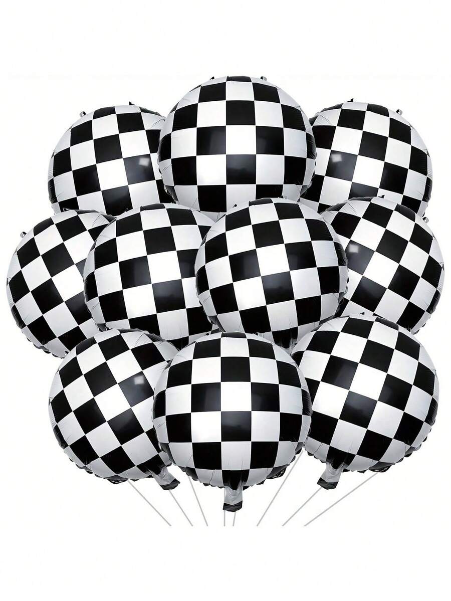 1pc 18 Inch Black And White Checkered Round Balloon, Racing Theme Party Birthday Decoration, Holiday Decoration, Black And White Checkered Helium Foil Balloon - Multicolor - View 1