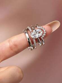 Silver Plated Multi Band Statement Ring For Women, Oval Cut Large Cubic Zirconia Center Stone Wrap Ring, Sparkly CZ Stackable Ring For Party - Silver - View 5