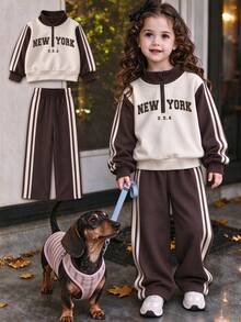 Young Girl Cartoon Letter Print Half-Zip Stand Collar Long Sleeve Top And Long Pants - Apricot - View 1