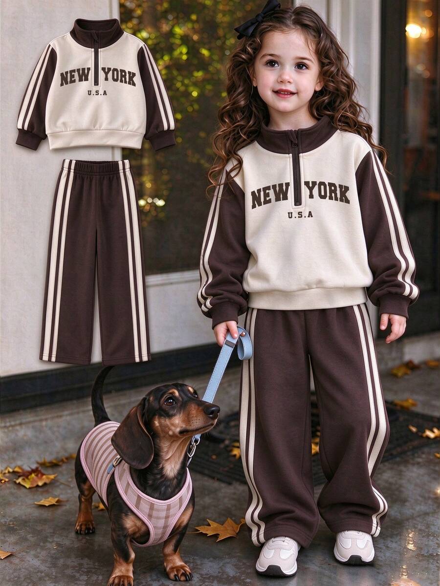 Young Girl Cartoon Letter Print Half-Zip Stand Collar Long Sleeve Top And Long Pants - Apricot - View 1