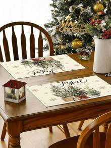 Bộ 4 tấm lót bàn ăn họa tiết cây thông Noel màu nước, hộp quà, bông tuyết vàng, phong cách farmhouse, trang trí bàn ăn mùa lễ hội mùa đông Giáng Sinh - trắng - Xem 8