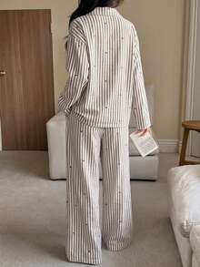 DAZY 2pcs Women Loose Comfortable Breathable Long Sleeve Top And Long Pants Pajama Set, Cute Home Wear - Black - View 5